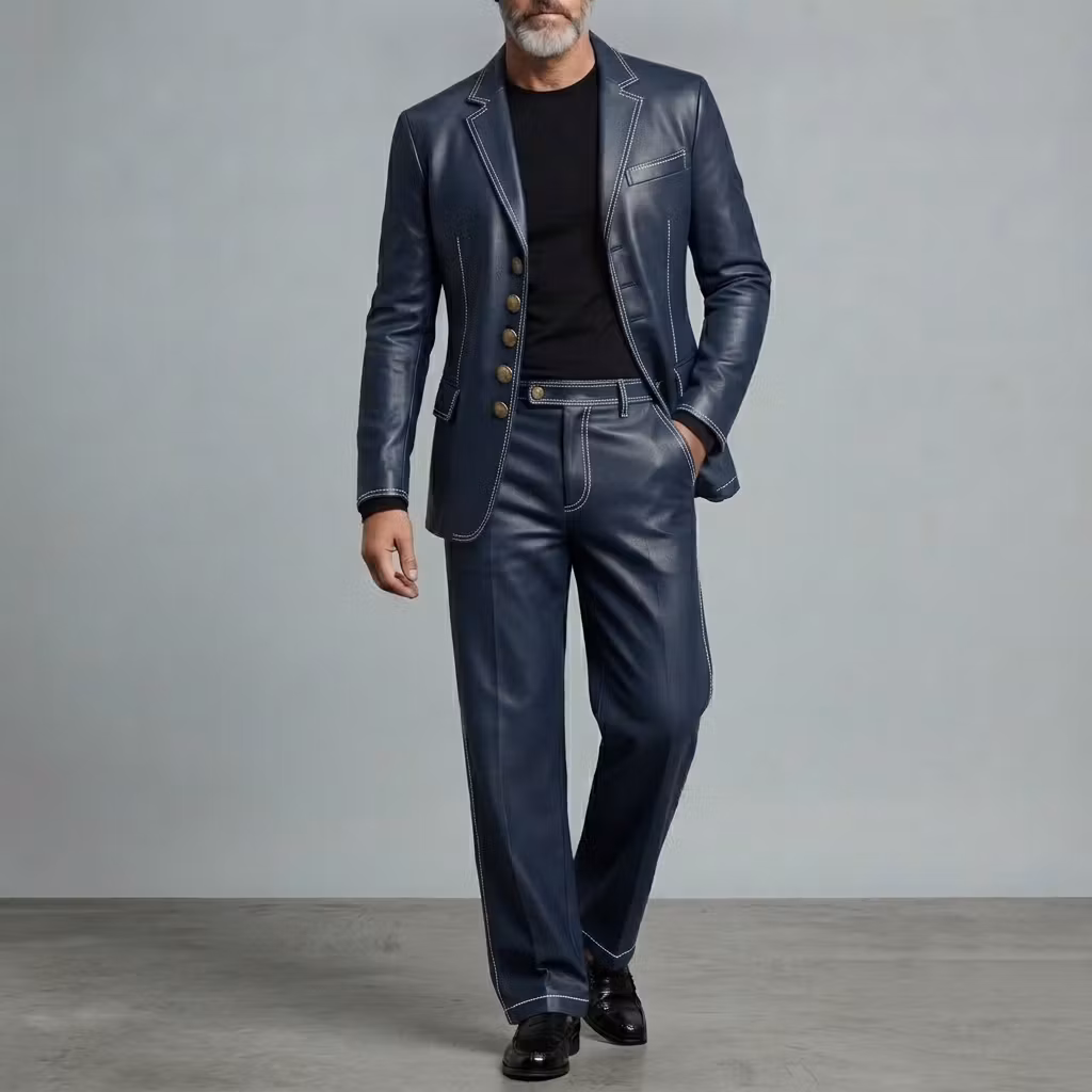 Bộ Suit Da Nam 2 Món Gồm Áo Blazer Cổ Bẻ Đi Chỉ Nổi Và Quần Tây Sang Trọng (Màu Xanh Navy)